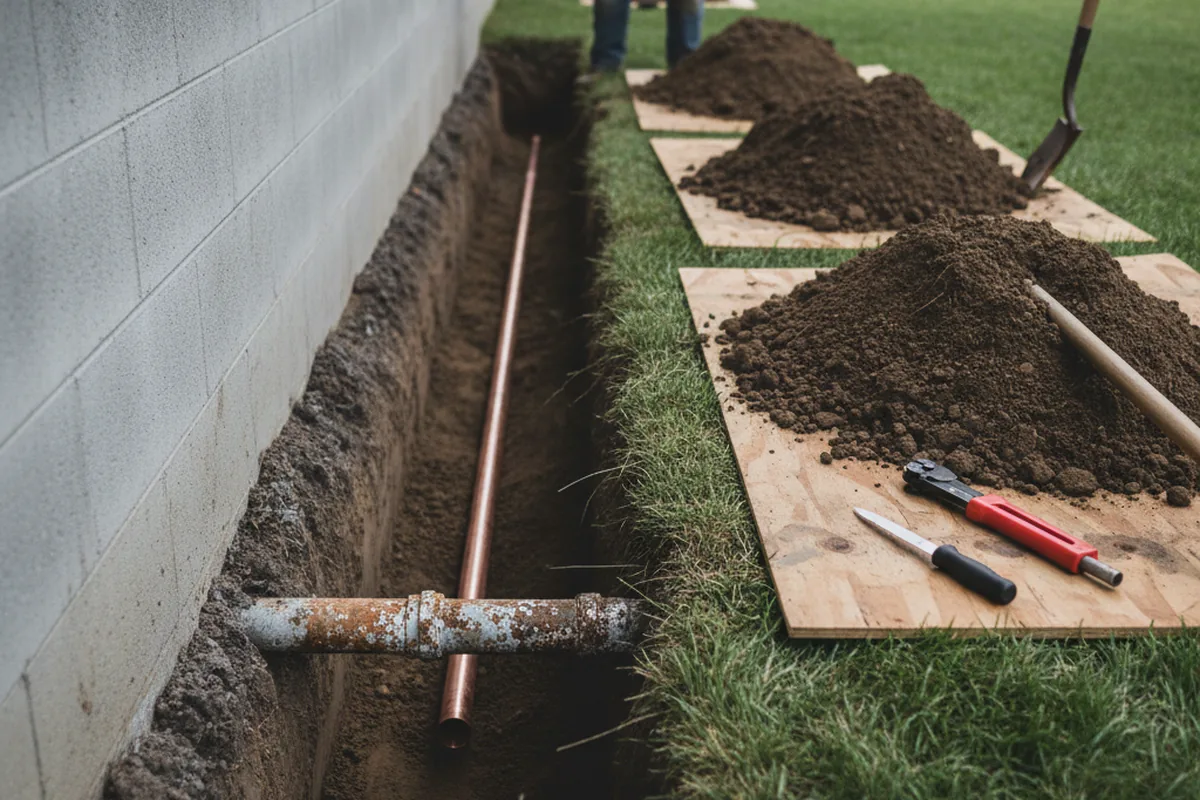 Excavated water line trench during Water Softener Installation in Oakley